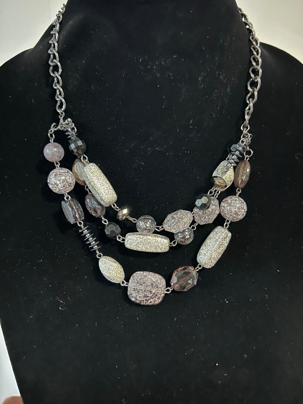 22" 3 Strand Silver Gray Stone Bead Faceted Clear Crystal Black Accent Necklace